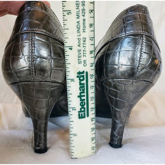 AK SZ 6.5 Gunmetal Croc Embossed Alligator Leather Bootie Pointy Toe Shoe Pumps - Picture 10 of 10